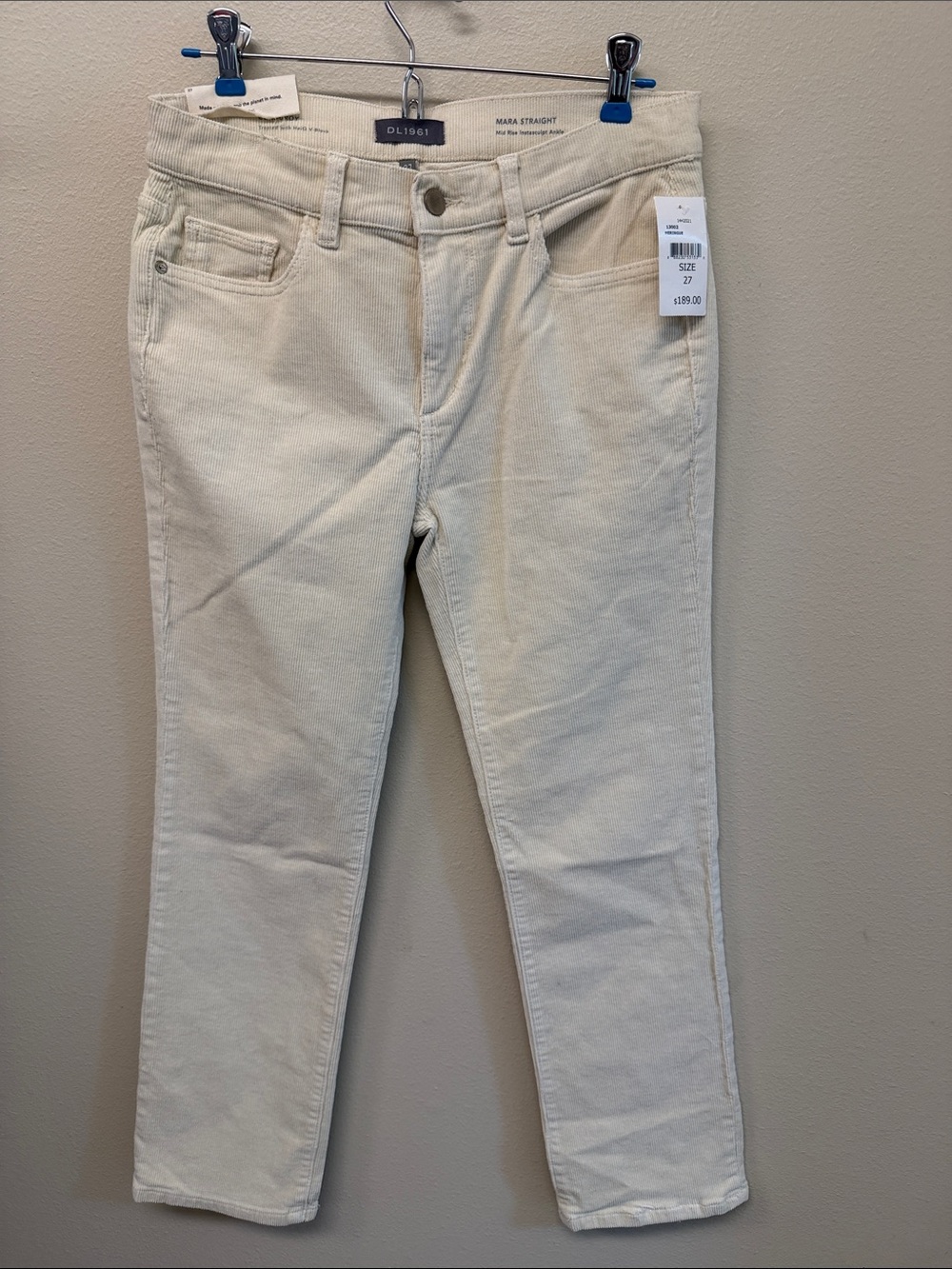 DL1961 Mara Straight Mid-Rise instasculpt Ankle Cream Corduroy Pants Sz27 NWT